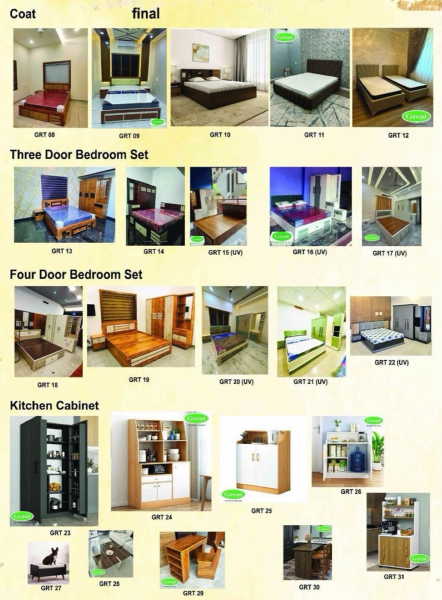 Printed catalog page: cots, bedroom sets and kitchen cabinets