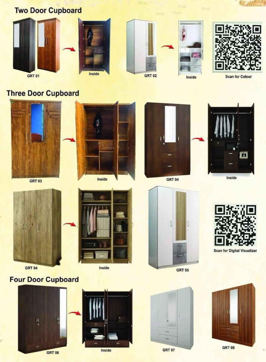 Printed catalog page: cupboard range with model codes and inside views