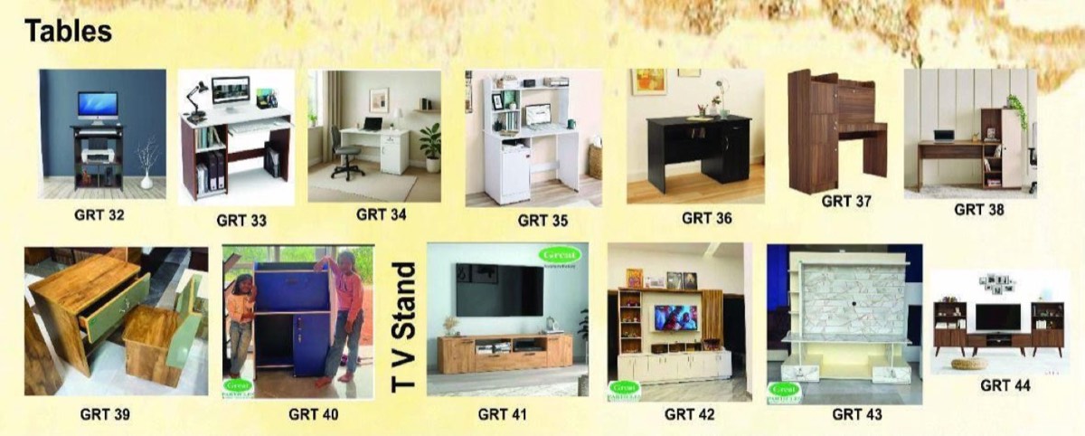 Printed catalog page: tables and TV stands